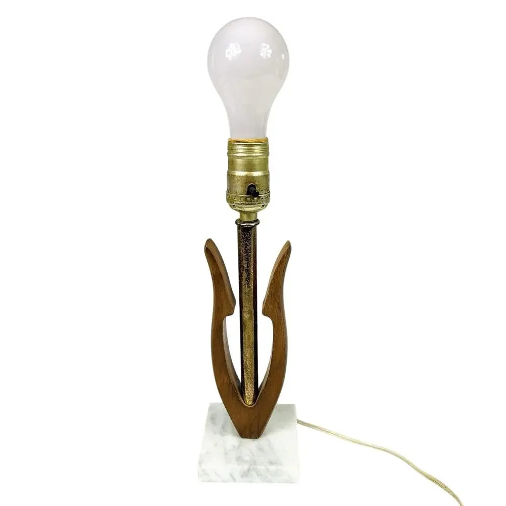 Vintage MCM Teak Tulip Marble Base Desk Lamp Table 11.75”